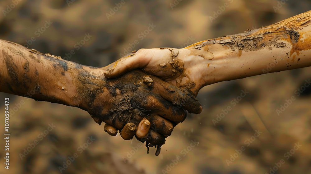 Two clasped, dirty hands symbolize solidarity and support in the wake of a natural calamity, highlighting the power of community Two clasped, dirty hands symbolize solidarity and support in the wake of a natural calamity, highlighting the power of community