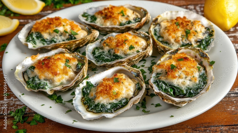 Freshly baked oysters are served on a plate, garnished with breadcrumbs and lemon wedges, creating a tempting dish in a warm, inviting restaurant atmosphere. Freshly baked oysters are served on a plate, garnished with breadcrumbs and lemon wedges, creating a tempting dish in a warm, inviting restaurant atmosphere.