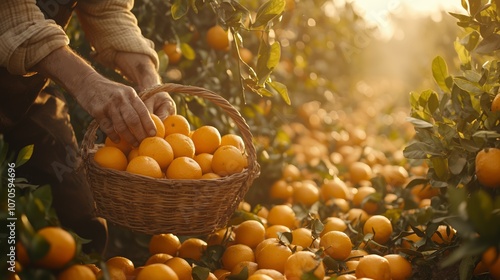 Harvesting Oranges in Sun-Drenched Grove photo