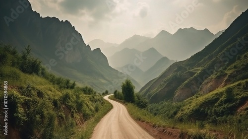 Serene Mountain Road Wrapped in Misty Landscape photo