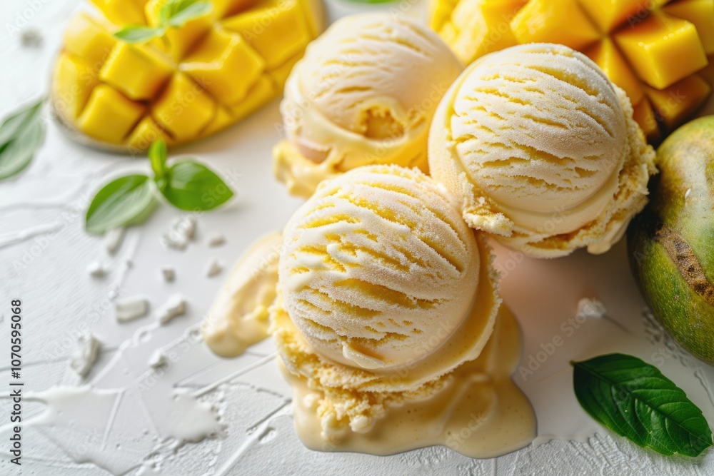 Mango ice cream layout on white background. Vegan flat lay. Mango ice cream layout on white background. Vegan flat lay.