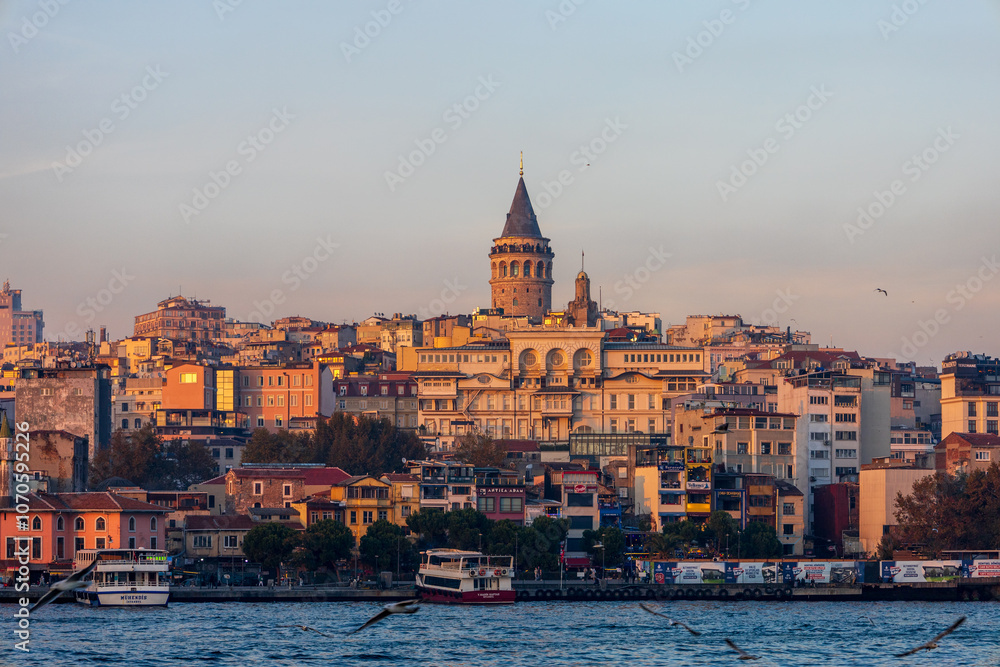 Obraz premium Istanbul, Turkey - November 2, 2024: Ferry on Istanbul. Beautiful Istanbul bosphorus landscape. Istanbul, Turkey