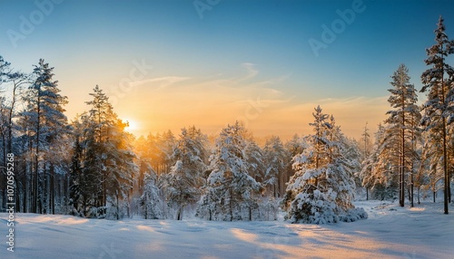 beautiful natural panorama of snowy winter forest at dawn early morning in nature in rays of rising sun