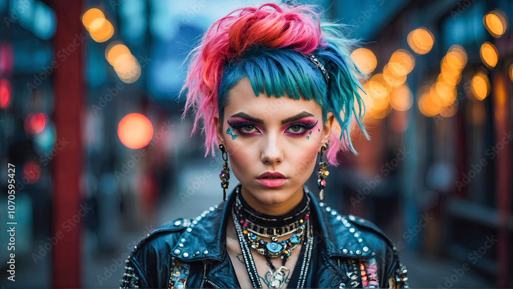 Young person with vibrant hair and bold makeup poses in an urban setting during twilight Young person with vibrant hair and bold makeup poses in an urban setting during twilight