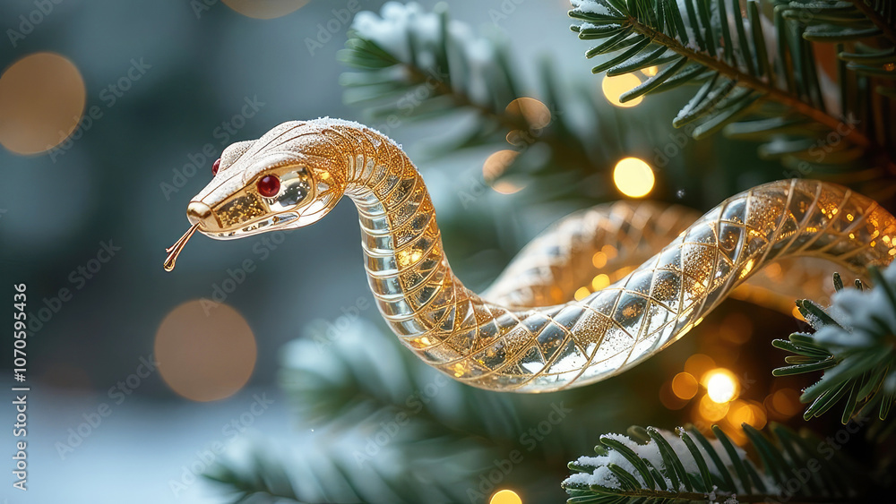 Fototapeta premium Festive 3D gold glass toy Snake in a Santa hat holding a Christmas tree, celebrating. Holiday greeting cards, New Year designs, and winter celebrations