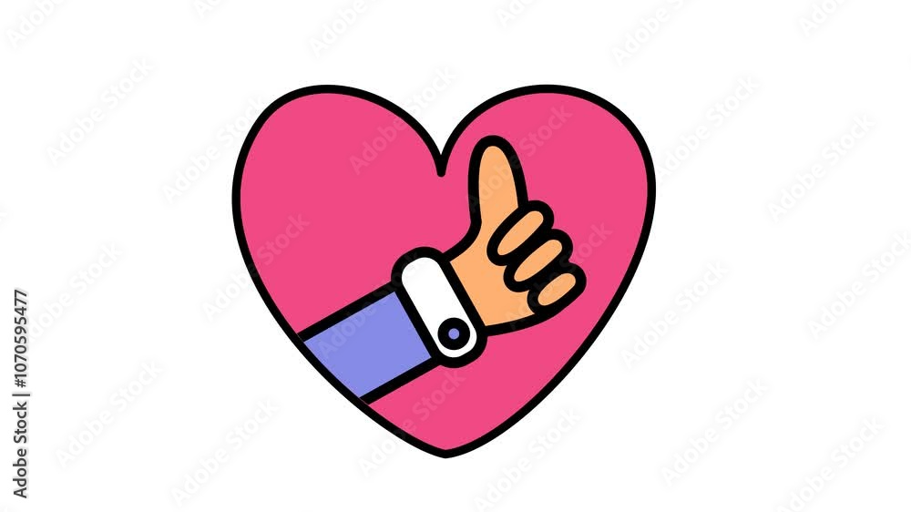 A hand giving a thumbs-up inside a heart. Cartoon icon animation. Alpha channel. Seamless looping. A hand giving a thumbs-up inside a heart. Cartoon icon animation. Alpha channel. Seamless looping.