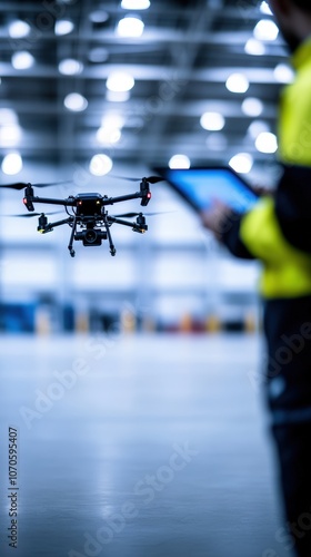 An engineer testing a drone prototype in a spacious hangar, running diagnostics and adjusting its flight settings on a tablet