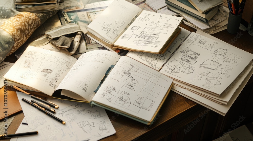 Obraz premium A cozy corner with open notebooks filled with sketches, pens scattered around, and papers that evoke the early stages of creativity and planning.