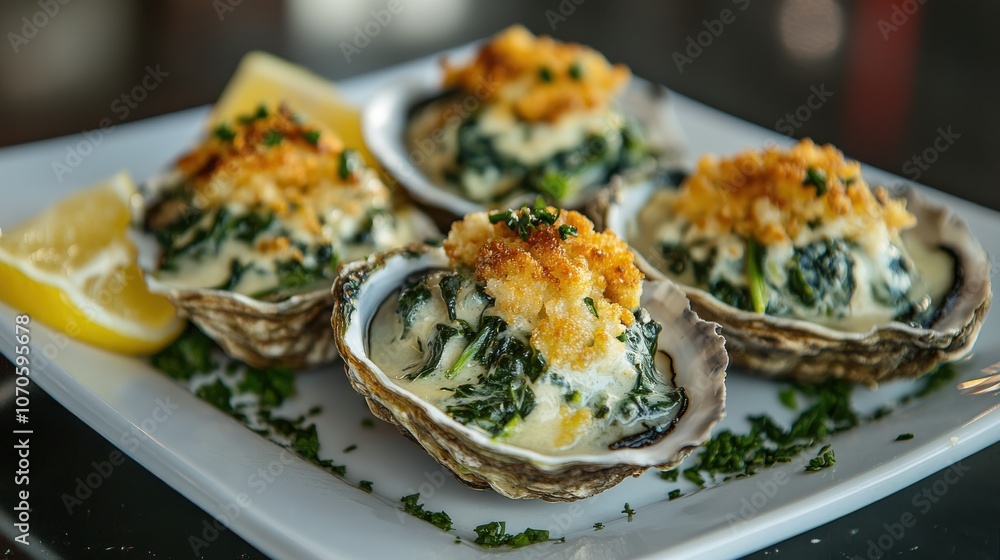 Freshly baked oysters are served on a plate, garnished with breadcrumbs and lemon wedges, creating a tempting dish in a warm, inviting restaurant atmosphere. Freshly baked oysters are served on a plate, garnished with breadcrumbs and lemon wedges, creating a tempting dish in a warm, inviting restaurant atmosphere.
