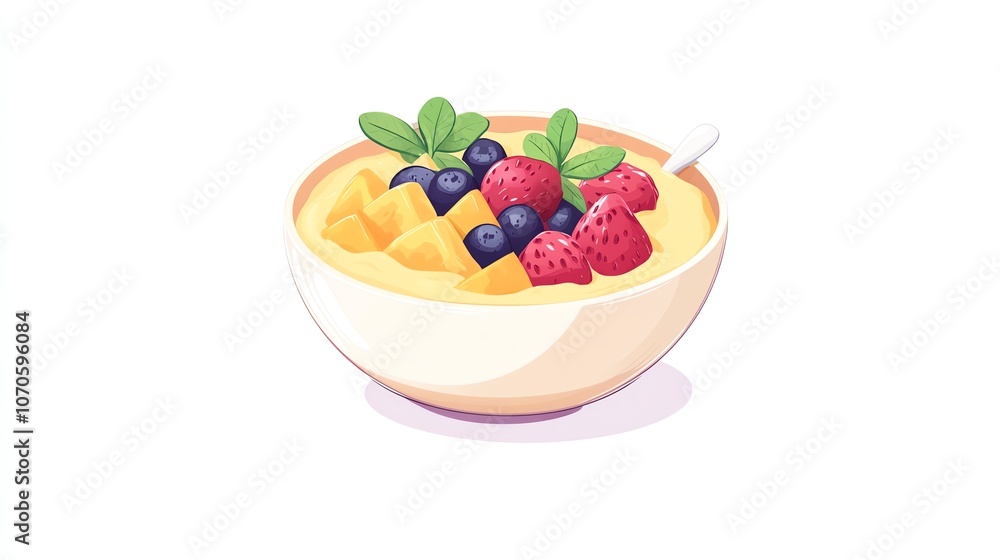 a 2D cartoon illustration of a smoothie bowl with fruit toppings, colorful and nutritious, white background--ar 16:9 a 2D cartoon illustration of a smoothie bowl with fruit toppings, colorful and nutritious, white background--ar 16:9