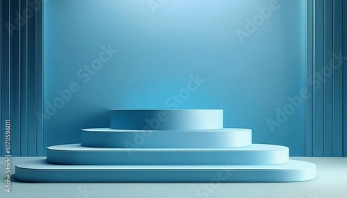 beautiful minimalistic light blue background for product presentation with podiums on different tiers photo