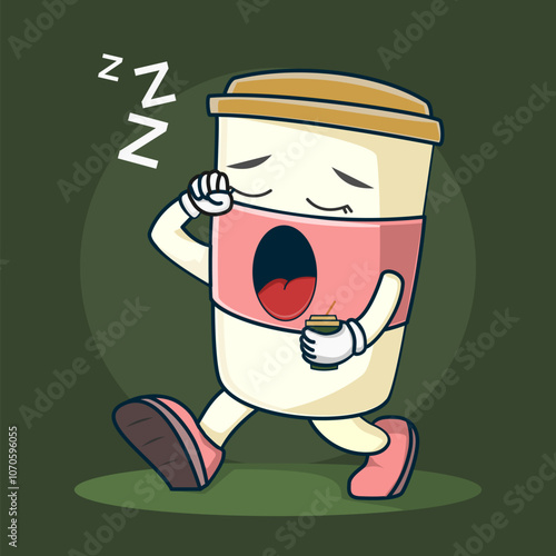 Cartoon Coffee Cup Character Feeling Sleepy with Yawning Pose