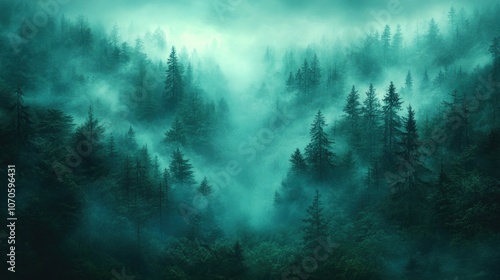 Misty forest landscape with dense trees and ethereal atmosphere.