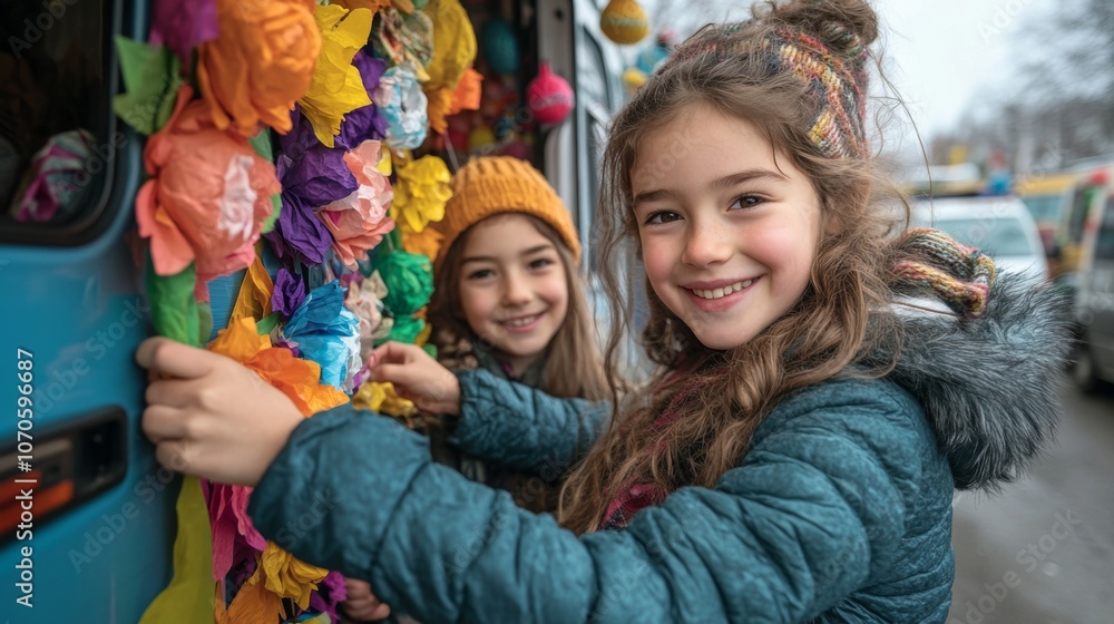 Two cheerful girls are joyfully attaching vibrant paper flowers to a vehicle, showcasing their creativity and enthusiasm in a bustling neighborhood in spring. Two cheerful girls are joyfully attaching vibrant paper flowers to a vehicle, showcasing their creativity and enthusiasm in a bustling neighborhood in spring.