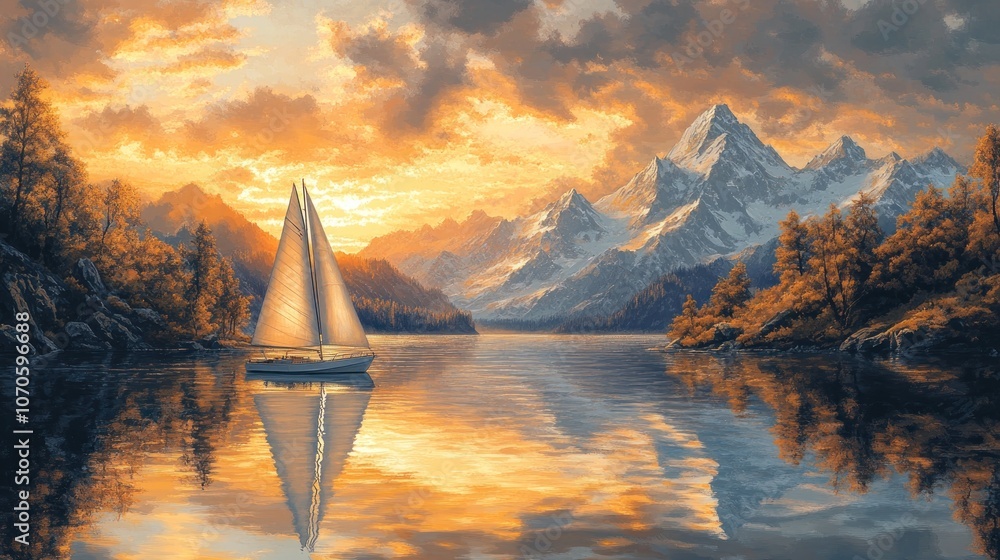 Obraz premium Sailboat at Sunset on a Mountain Lake