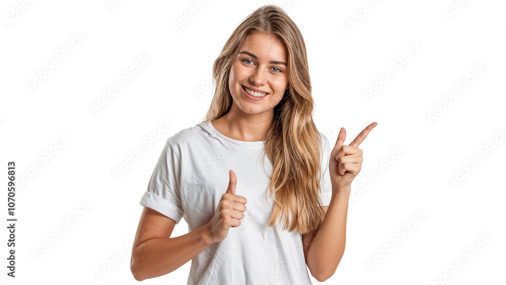 Portrait of a smiling woman pointing and giving a thumbs up, isolated on transparent background Portrait of a smiling woman pointing and giving a thumbs up, isolated on transparent background