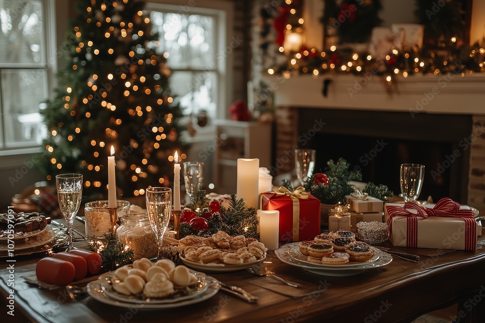 Obraz premium Elegantly decorated Christmas dining table with candles, gift boxes, champagne glasses, festive food, and a small pine tree with lights, holiday ambiance.