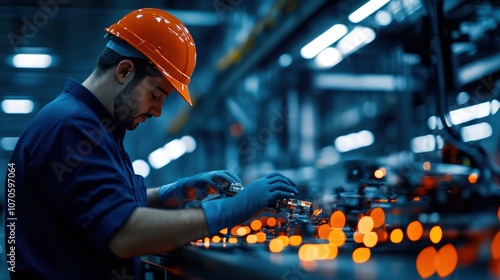 An engineer programming a robotic arm in an advanced manufacturing plant, fine-tuning its operations