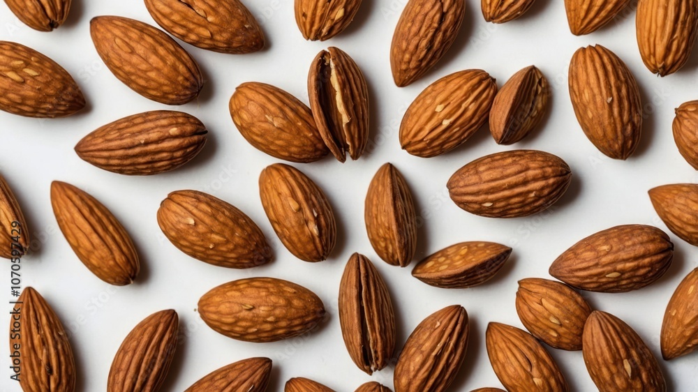 A collection of whole almonds scattered on a white surface. A collection of whole almonds scattered on a white surface.