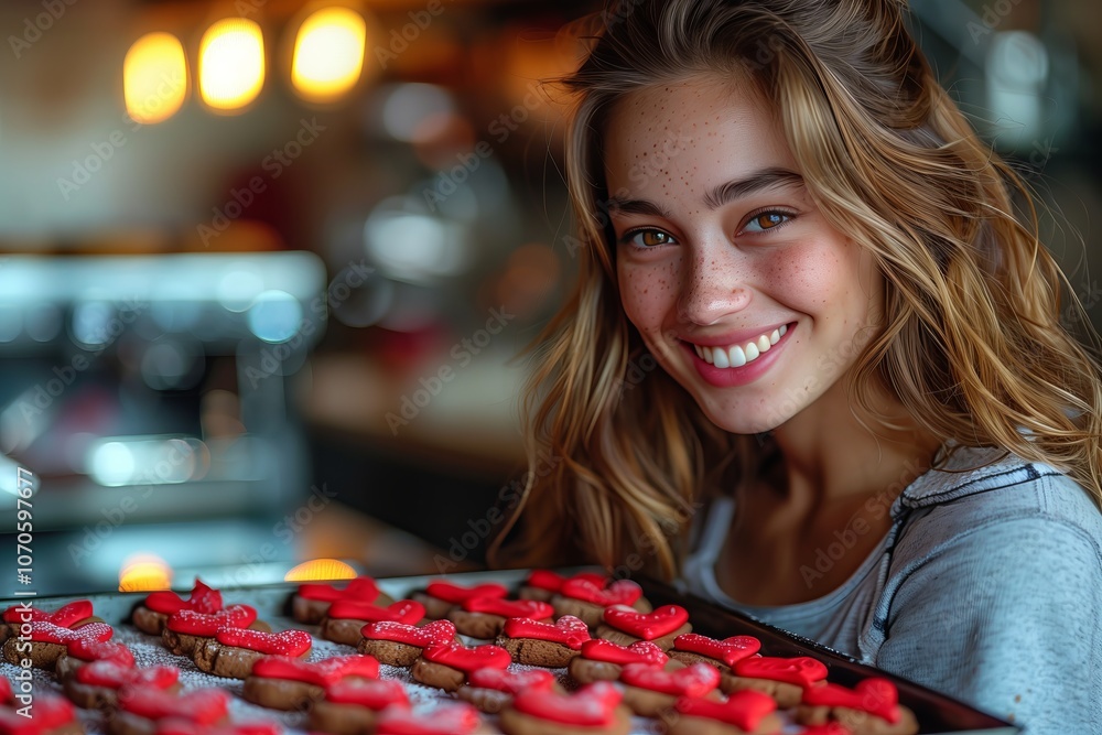 Fototapeta premium A woman is smiling and holding a tray of red cookies