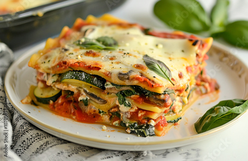 A close-up of a slice of vegetable lasagna on a white plate, topped with melted cheese and fresh basil