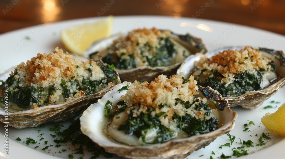 Freshly baked oysters are served on a plate, garnished with breadcrumbs and lemon wedges, creating a tempting dish in a warm, inviting restaurant atmosphere. Freshly baked oysters are served on a plate, garnished with breadcrumbs and lemon wedges, creating a tempting dish in a warm, inviting restaurant atmosphere.