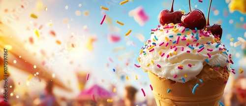 A vibrant illustration of an ice cream sundae with colorful sprinkles, whipped cream, and cherries, set against a bustling summer carnival, high resolution 8K photo