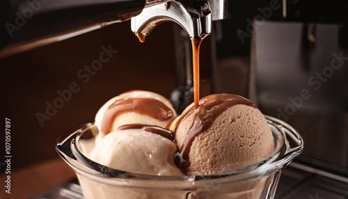 coffee pouring from a coffee machine onto ice cream in a glass container