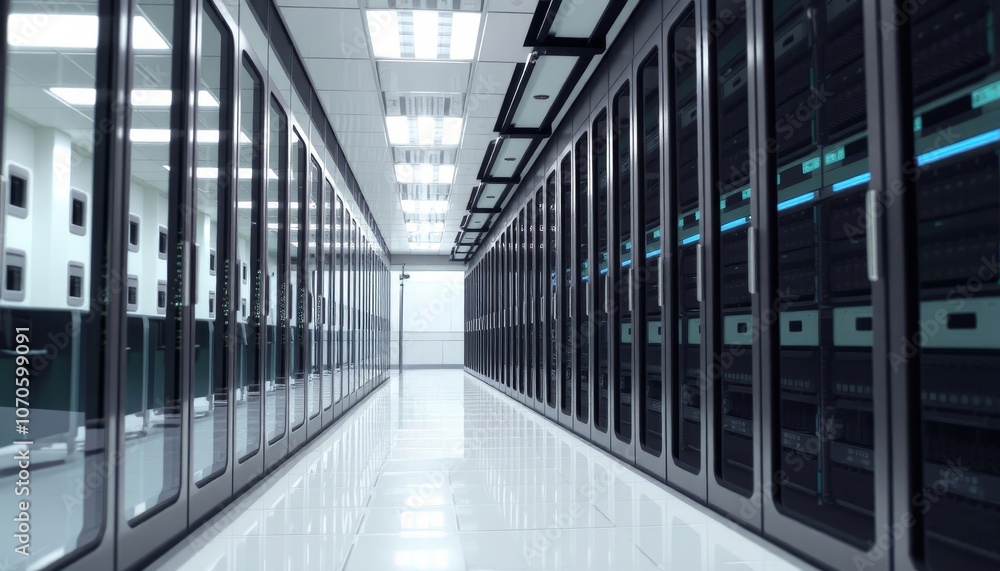 Futuristic data center interior with robotic and cyborg figures in a server room, close-up, with copy space for text Futuristic data center interior with robotic and cyborg figures in a server room, close-up, with copy space for text