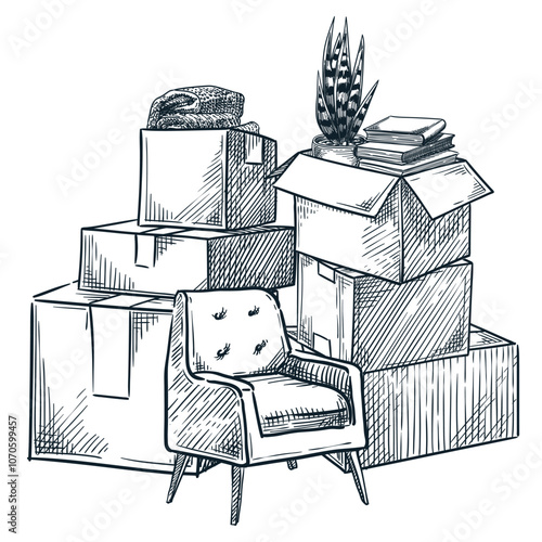 Move home, relocation concept. Cardboard boxes with thing. Vector hand drawn sketch illustration for moving service