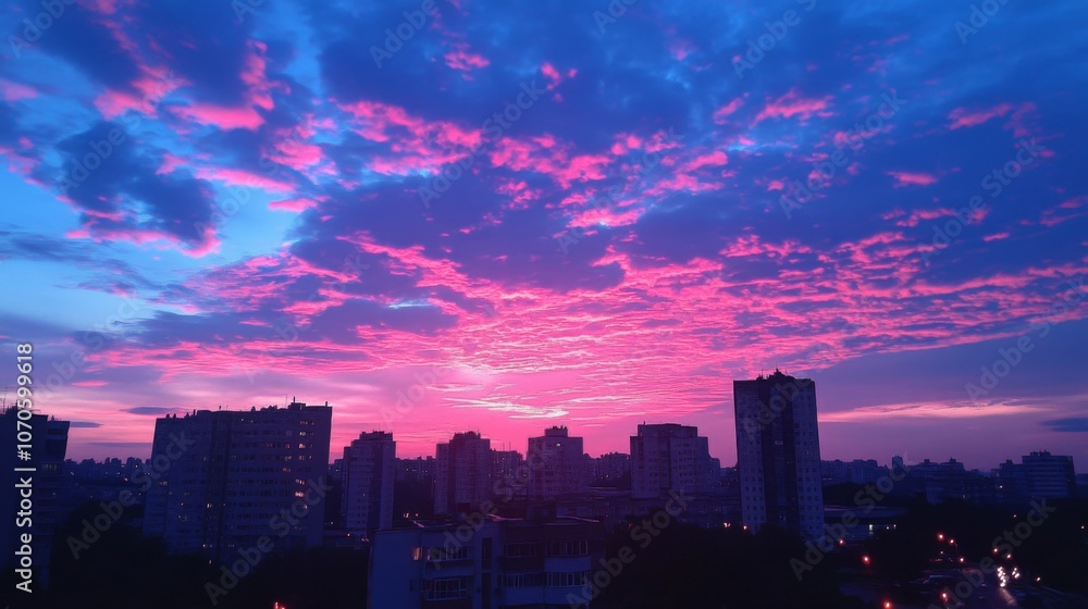 Fototapeta premium Vibrant City Sunset with Illuminated Clouds