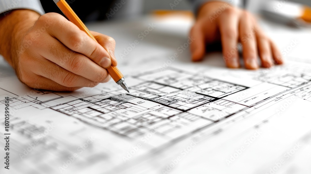 Closeup of an architect's hands drawing on a blueprint. Closeup of an architect's hands drawing on a blueprint.