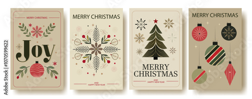 Set of Four Retro Christmas Greeting Cards with Festive Elements: Joy, Ornaments, Christmas Tree, and Snowflake Patterns in Red, Green, and Beige Tones