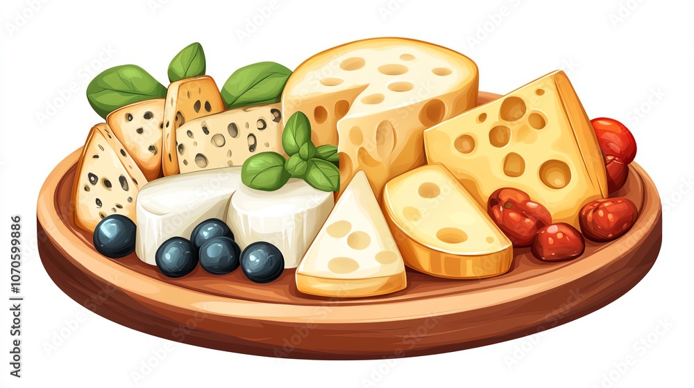 a 2D cartoon illustration of a cheese platter with grapes and crackers, elegant and tasty, white background--ar 16:9 a 2D cartoon illustration of a cheese platter with grapes and crackers, elegant and tasty, white background--ar 16:9