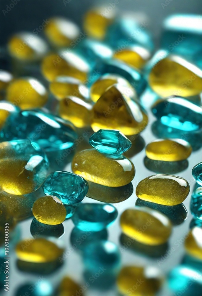 closeup of yellow blue glass beads and gems closeup of yellow blue glass beads and gems