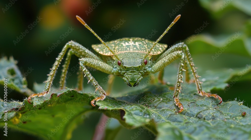 Close-up portrait of a green shield bug with red eyes, perched on a leaf with dew drops, looking directly at the camera. Close-up portrait of a green shield bug with red eyes, perched on a leaf with dew drops, looking directly at the camera.