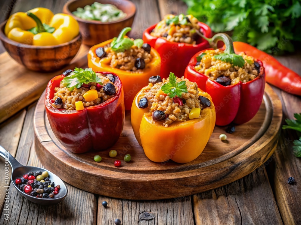 Colorful Stuffed Bell Peppers with Quinoa, Black Beans, Corn, and Tomato Sauce Ready for a Healthy Meal Prep on a Rustic Wooden Table Colorful Stuffed Bell Peppers with Quinoa, Black Beans, Corn, and Tomato Sauce Ready for a Healthy Meal Prep on a Rustic Wooden Table