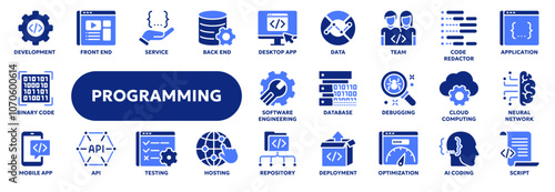 Set of vector solid icons related to programming and coding, desktop and mobile application development, software engineering. Symbols for website or app ui, logo design, illustration