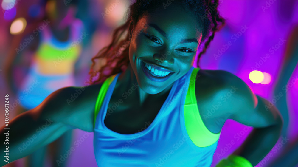 Vibrant neon dance party: joyful expression and modern dance energy Vibrant neon dance party: joyful expression and modern dance energy