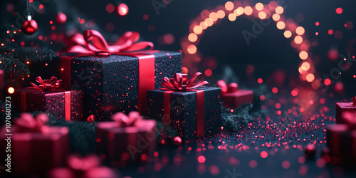 red background with wrapped holiday gifts and ornaments photo