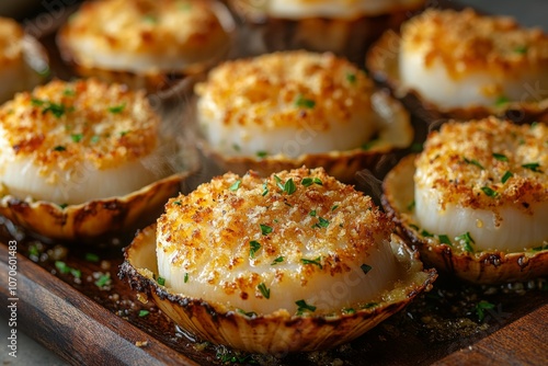 Baked scallops with crispy breadcrumb topping