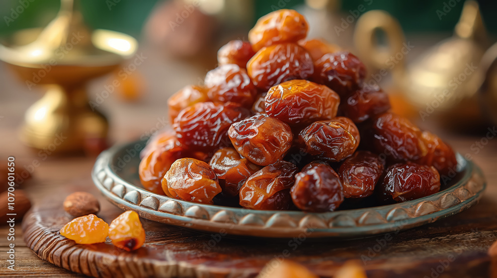 Close-up of fresh dates on decorative plate with warm background Close-up of fresh dates on decorative plate with warm background