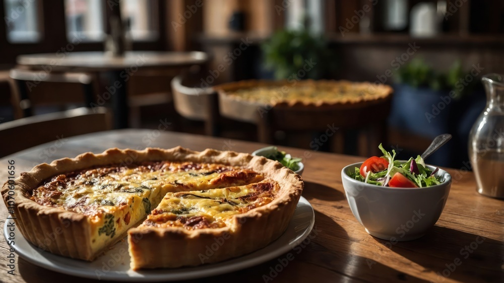 A delicious quiche served with a fresh salad in a cozy dining setting. A delicious quiche served with a fresh salad in a cozy dining setting.