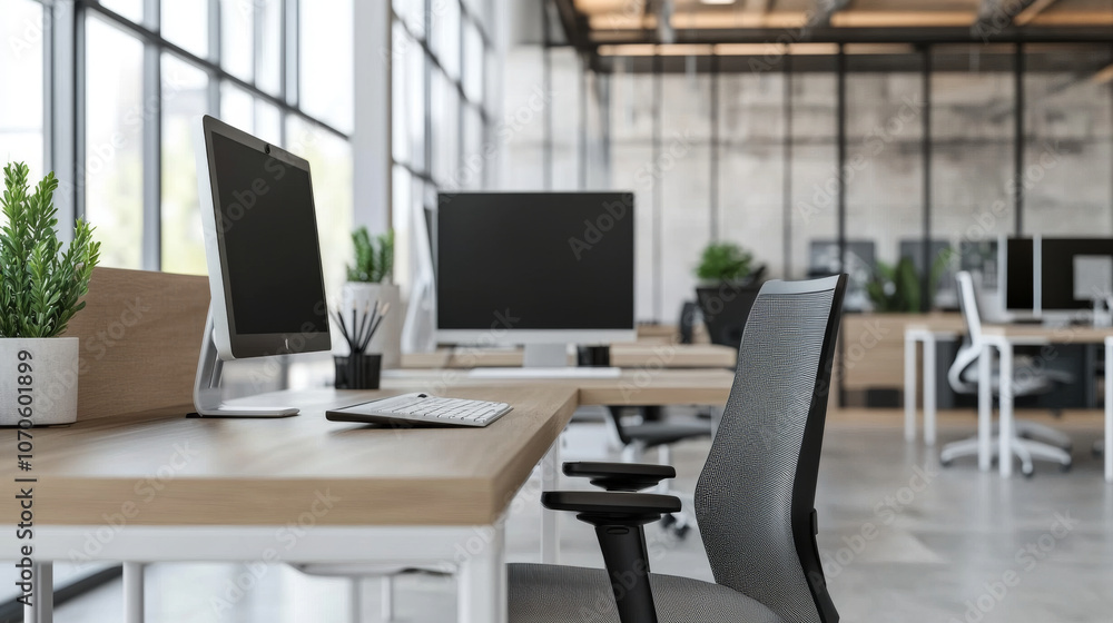 Minimalist ergonomic office space with a focus on functionality, featuring adjustable monitor arms, ergonomic seating, and a clean aesthetic Minimalist ergonomic office space with a focus on functionality, featuring adjustable monitor arms, ergonomic seating, and a clean aesthetic