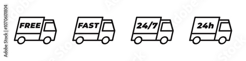 Delivery truck icons set. Fast, free, 24 hours symbol. Vector illustration.