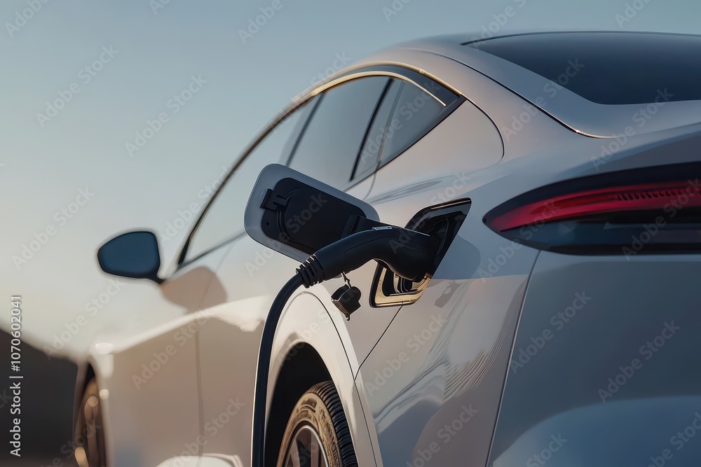 Electric Car Charging Close Up at Sunset Electric Car Charging Close Up at Sunset