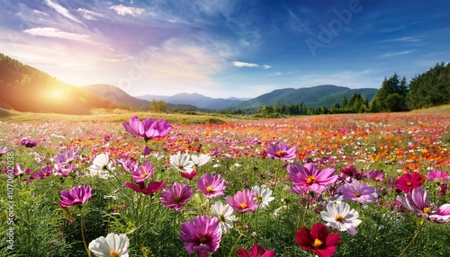 colorful cosmos flowers on a background of summer landscape