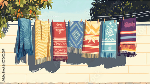 Flat color vector of decorative blankets hanging on a clothesline, capturing a vintage style with detailed patterns and vibrant colors in natural light.