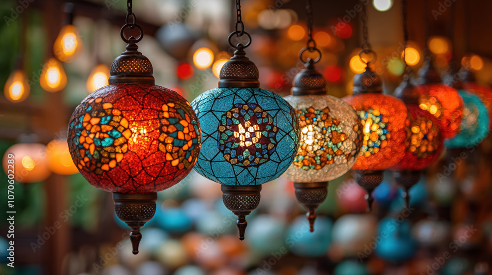 Colorful hanging lanterns with mosaic patterns illuminating a market Colorful hanging lanterns with mosaic patterns illuminating a market