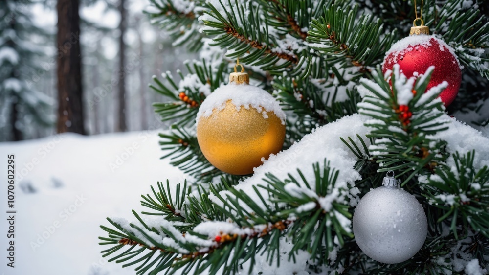 A Christmas tree adorned with festive ornaments stands in a snowy forest, creating a peaceful and magical winter scene A Christmas tree adorned with festive ornaments stands in a snowy forest, creating a peaceful and magical winter scene